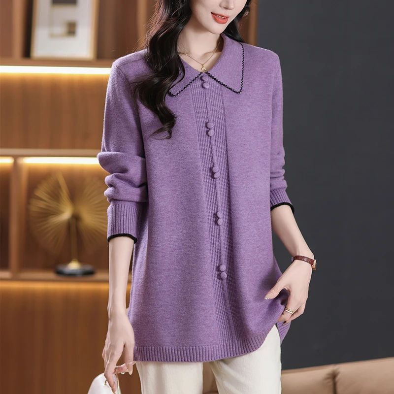 撞色娃娃领毛衣秋冬中长款A字上衣遮肚子显瘦洋气大码胖mm打底衫