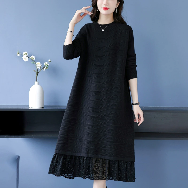 打底连衣裙女秋冬配大衣长款过膝毛衣裙妈妈气质显瘦大码蕾丝裙子