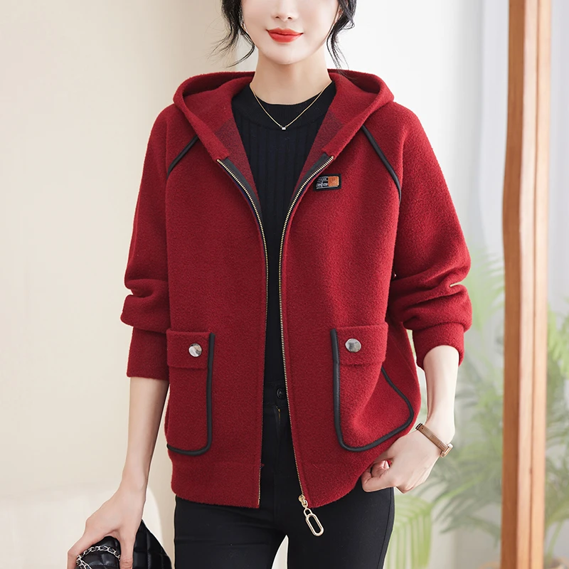 妈妈秋装外套2025新款爆款休闲大码女装宽松显瘦洋气毛呢开衫连帽