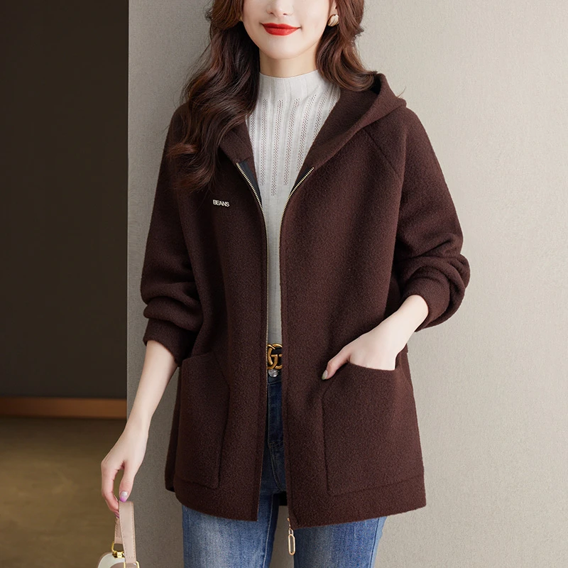 200斤大码女装秋装加厚外套2025年新款洋气大码胖mm连帽毛呢开衫