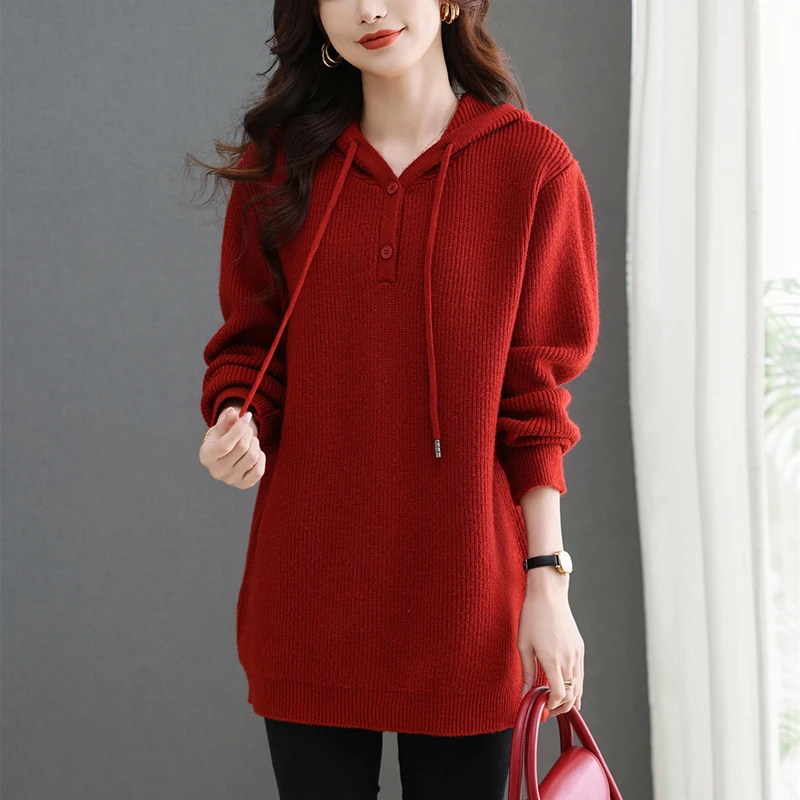 连帽毛衣宽松休闲时尚大码打底衫显瘦洋气针织卫衣女中长款遮屁股