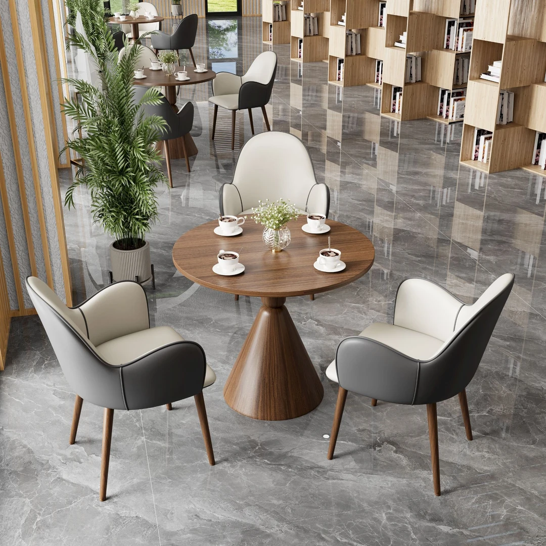 北欧咖啡厅桌椅组合会客休闲接待洽谈桌酒店胡桃色圣杯桌天鹅椅