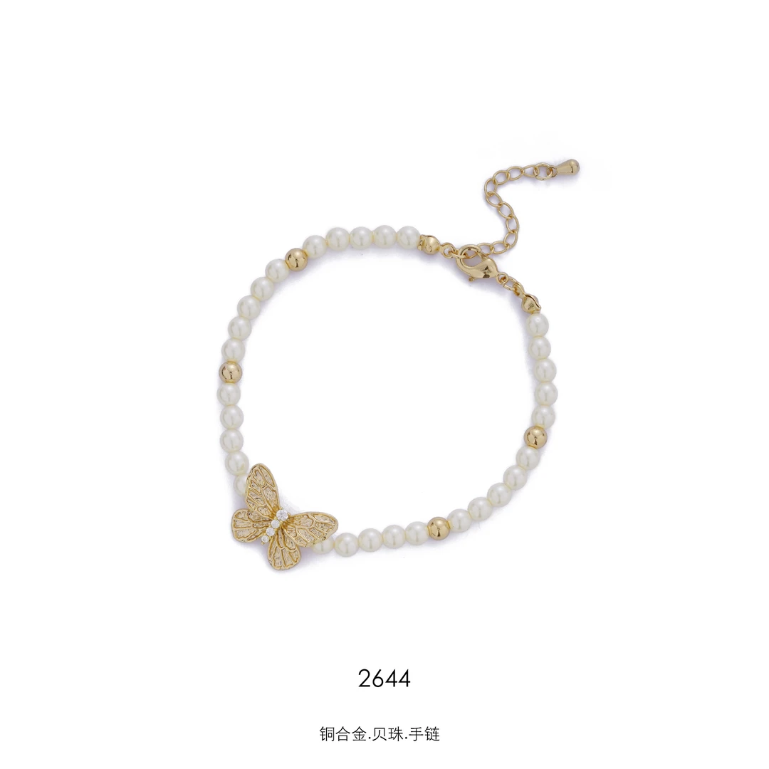 铜合金仿珍珠手链 2644气质轻奢百搭时尚仙女精致蝴蝶款手链