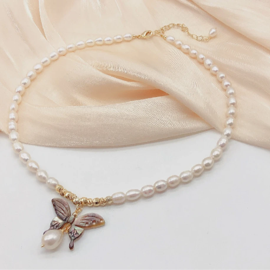 铜合金项链 《货号7385》蝴蝶珠珠项链（链长：38+7cm）