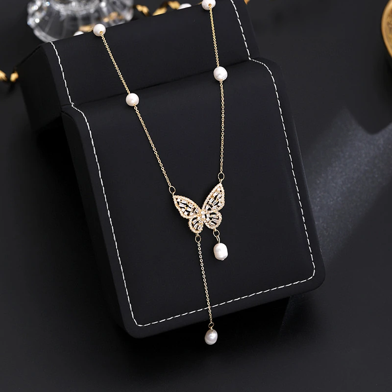 铜合金项链 《货号6811》蝴蝶珠珠项链（链长：43+5cm