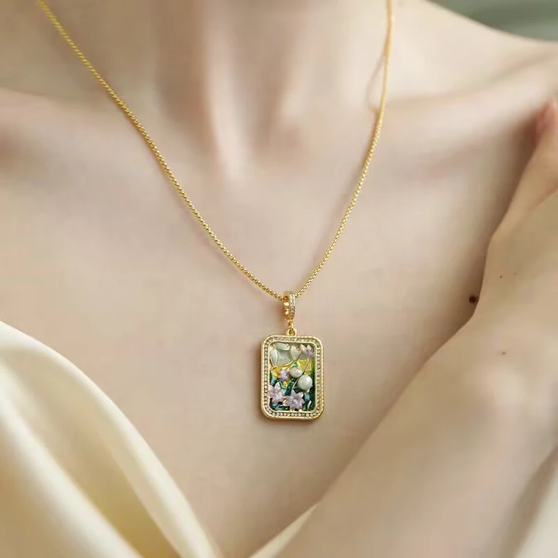 铜合金项链 《货号7584》国风方形油画吊坠项链（链长：47+5cm）