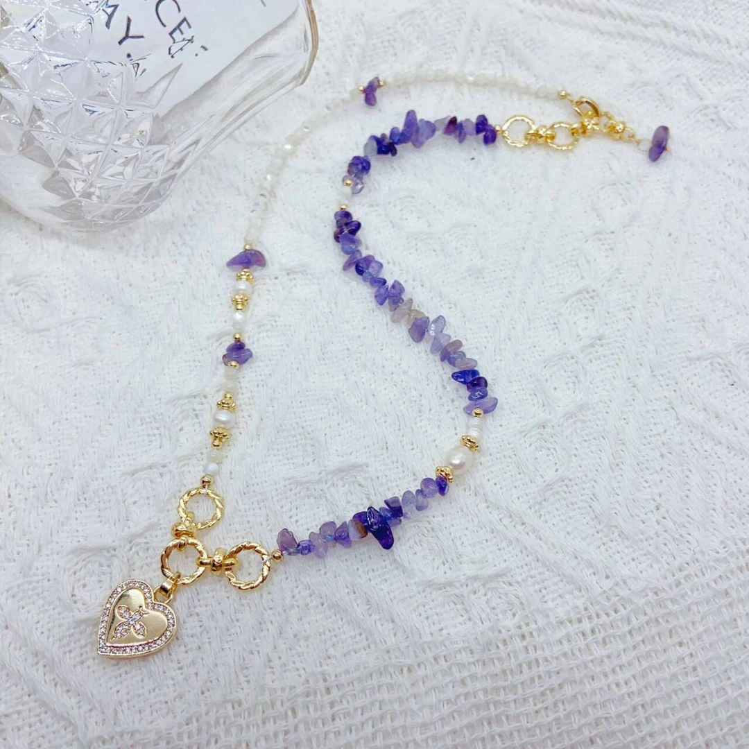 铜合金项链 《货号7276》甜美时尚紫色串珠项链（链长：45cm）