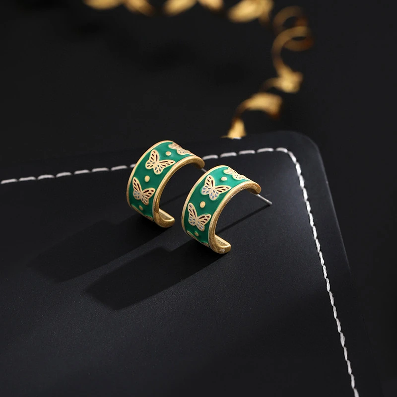 铜合金耳饰 《货号6928》绿色珐琅蝴蝶C圈耳饰