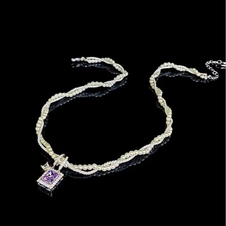 铜合金项链 《货号8398》缠绕双层紫色方糖项链《链长 38+5cm》