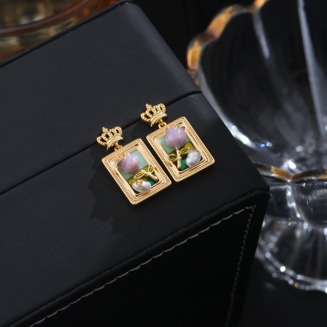 铜合金耳饰 《货号8039》方形油画花朵耳饰