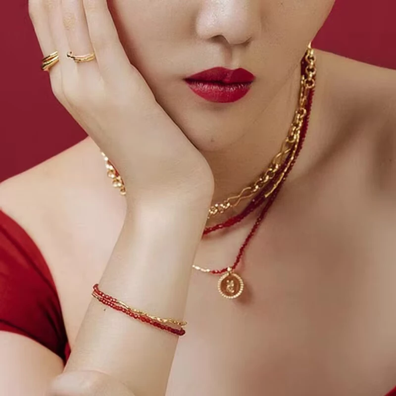 铜合金合成锆石手链 《货号7808》金属红珠珠双层手链（链长：16+5cm）