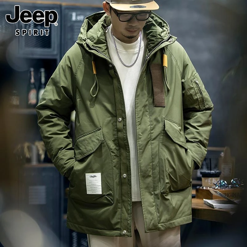 Jeep吉普中长款棉服男冬季美式工装加厚冲锋衣男士连帽保暖外套男