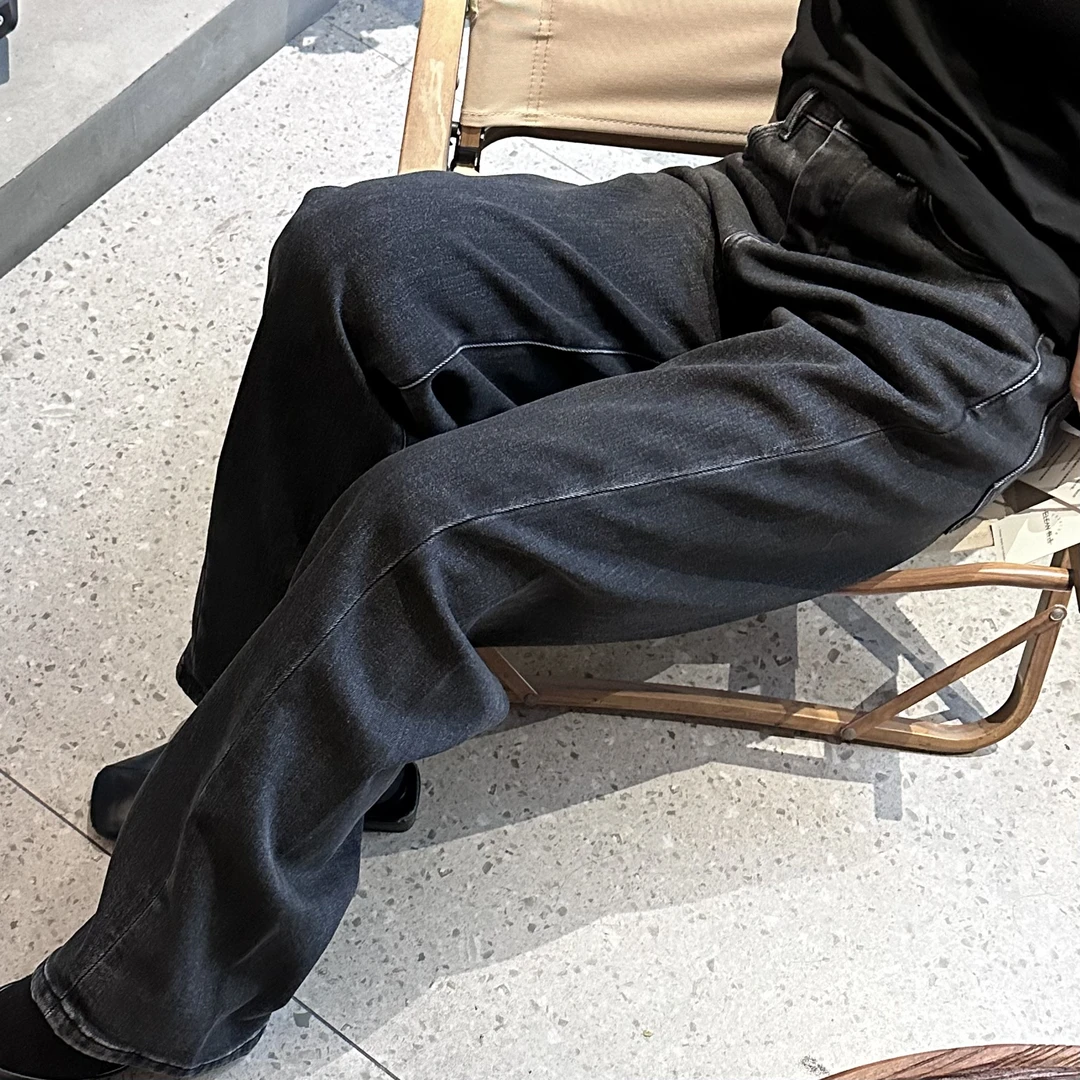 秋冬款复古显瘦高腰扭缝阔腿宽松牛仔直筒裤薄绒