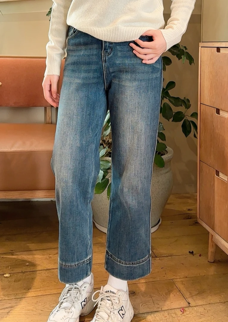 秋冬加绒九分直筒牛仔裤女新款高腰显瘦百搭小个子宽松阔腿直筒裤