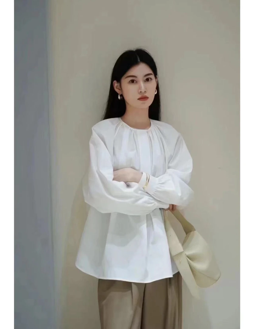 【简约时尚】圆领压褶百搭宽松高支府绸棉布衬衫微瑕