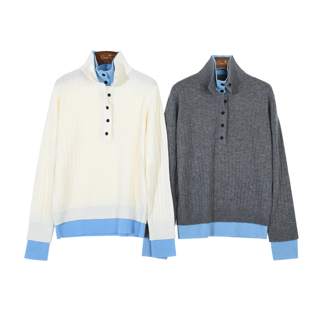 MODE【双拼】撞色坑条假两件针织衫