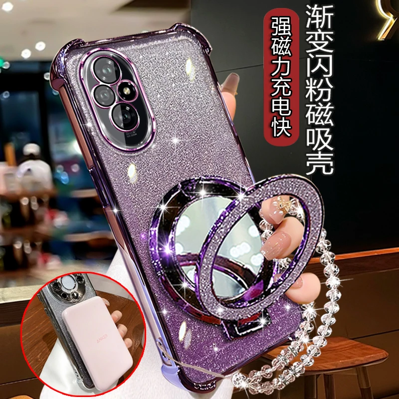 荣耀200手机壳女生潮新款HONOR200pro闪粉软壳带镜子支架四角防摔