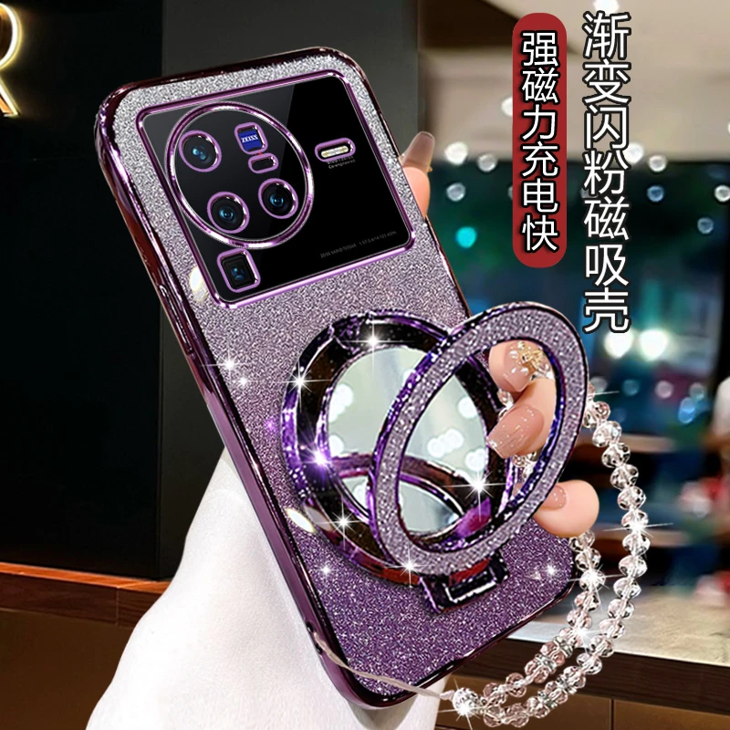 VIVOx80pro手机壳网红补妆镜带支架闪钻磁吸vive软壳viv0X80POR女