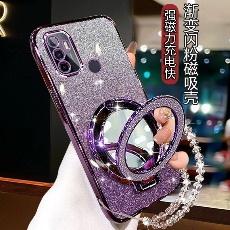 OPPOa32手机壳带支架补妆镜网红0PP0A325g轻奢电镀PDVM00软壳全包