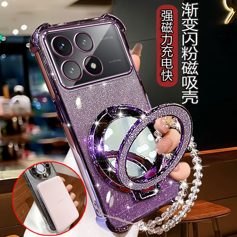 红米k70e女款手机壳Redmik70网红四角防摔K70PRO软壳带化妆镜支架