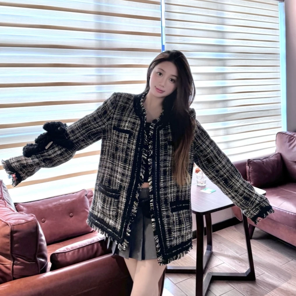 小熊男女同款徽章朋克粗花呢百搭休闲上衣时尚气质小香风外套