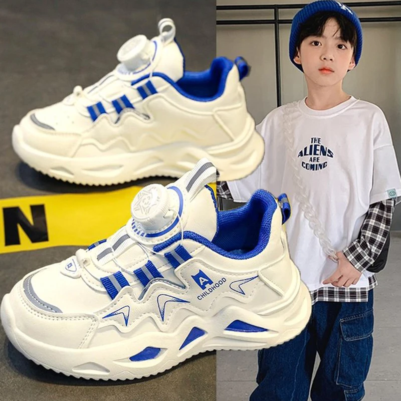 耐克百搭童鞋男童运动鞋旋转纽扣跑鞋秋季款校园休闲鞋软底皮面鞋