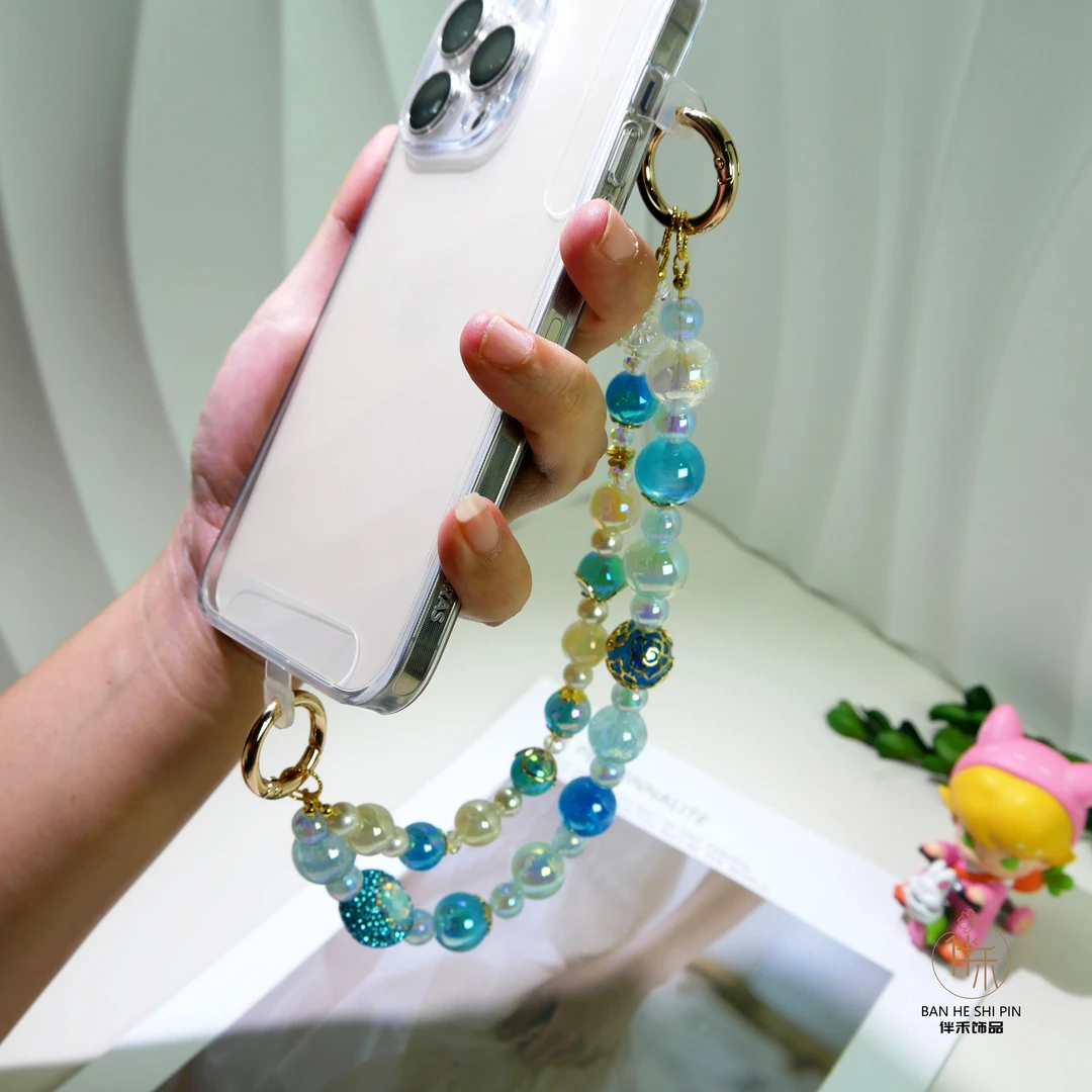 原创树脂手工串珠猫眼轻奢手机链钥匙链包挂链水壶链纪念品送礼