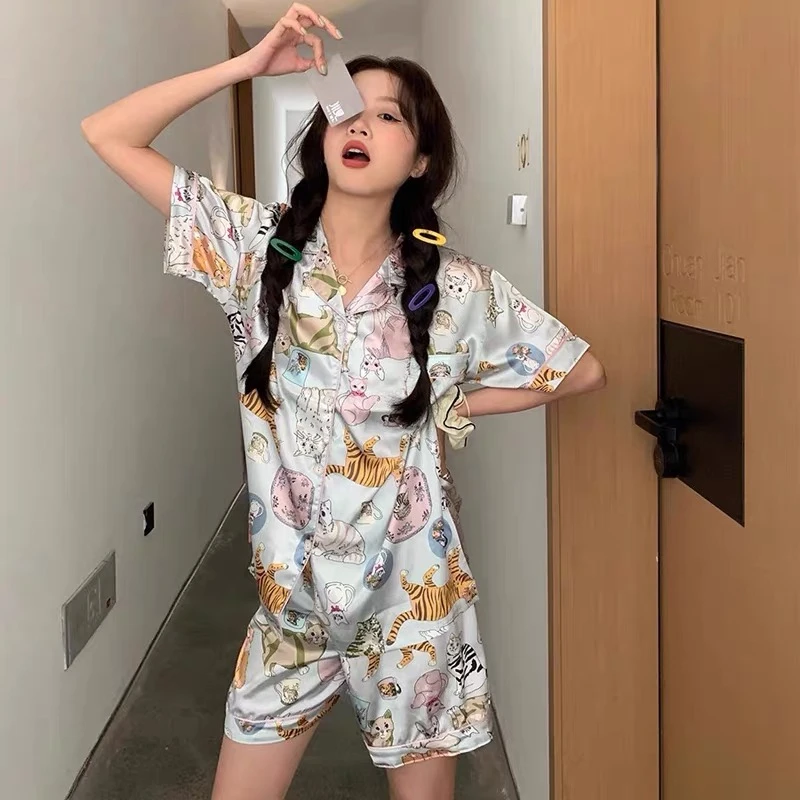 网红款大码加肥睡衣女2024年夏季新款短袖短裤宽松套装少女家居服