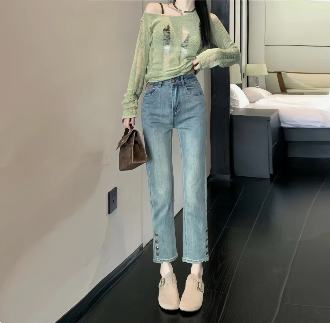 怀旧蓝设计感弹力直筒牛仔裤女高腰百搭小个子烟管裤