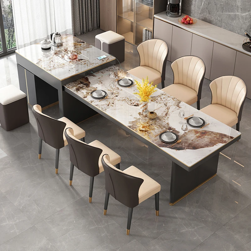 岛台餐桌一体可伸缩现代轻奢简约高端大餐桌椅组合岩板导台加餐台
