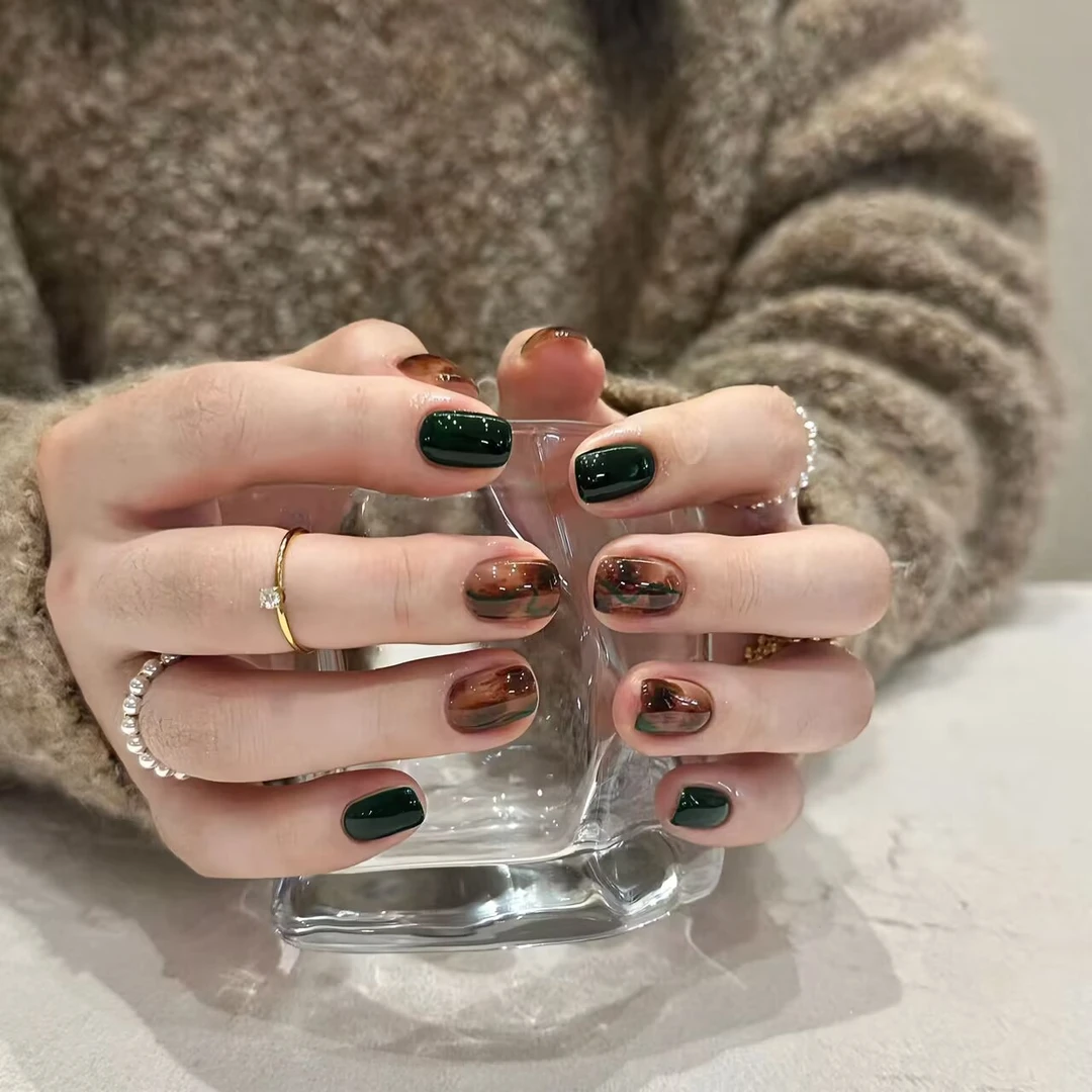 墨绿玳瑁 美甲穿戴甲高级感秋冬短款琥珀手工假指甲成品绿色显白