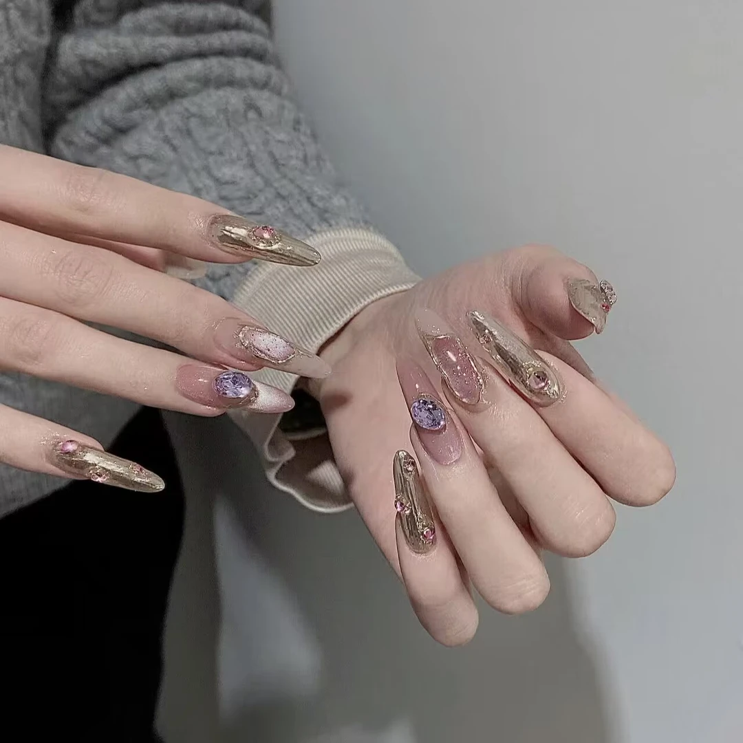 幽灵粉晶 纯手工穿戴甲2024春季新款高级感美甲贴片长杏仁甲成品