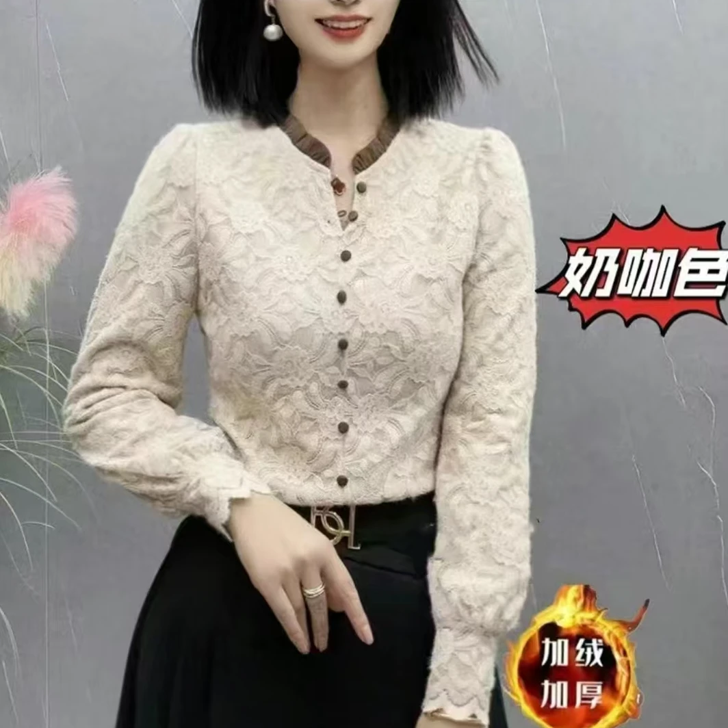 冬季新款花边半开领纯色长袖气质百搭上衣女【3272】