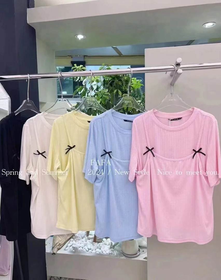 特价清*大码微胖正肩假两件吊带蝴蝶结T恤