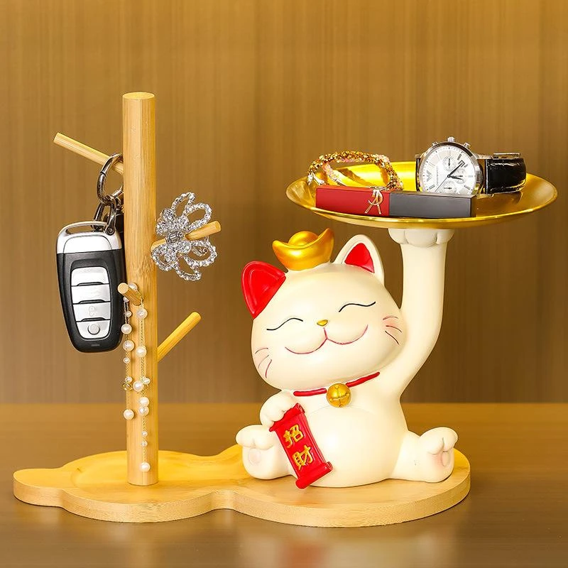 招财猫乔迁新居礼物入户进门摆件客厅玄关钥匙收纳托盘客厅装饰品