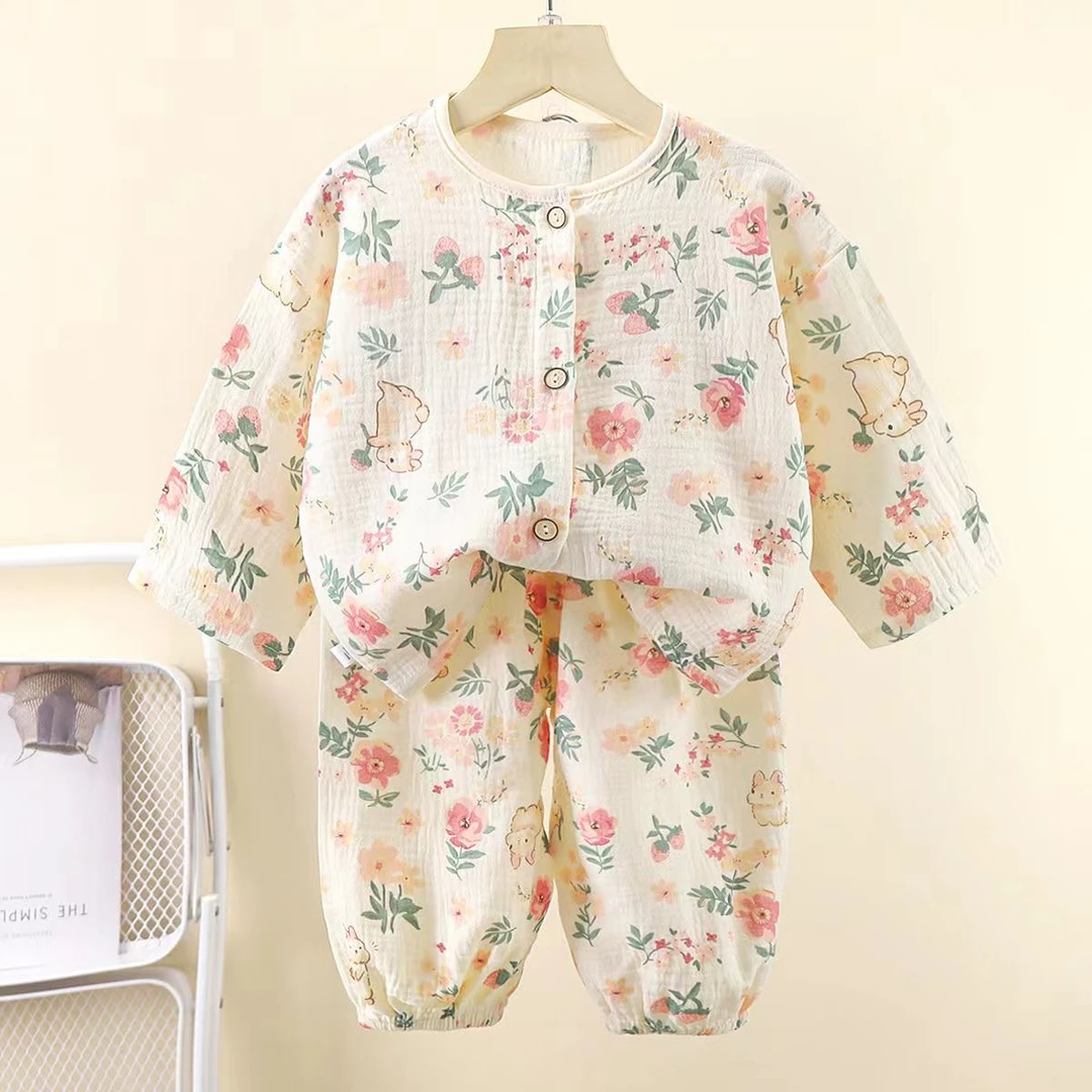 儿童薄款双层棉纱布睡衣夏季女童家居服套装宽松男宝宝长袖空调服