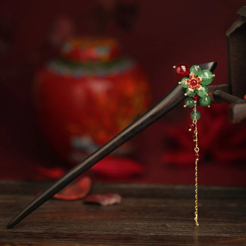 凤凰涅磐天然黑檀木发簪女红绿撞色流苏吊坠木质簪子发钗发饰国风