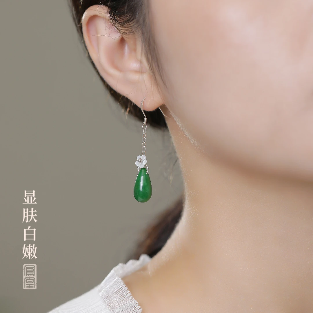 干青翡翠耳环女复古国风耳线气质小众长款新中式玉石耳饰时尚手工