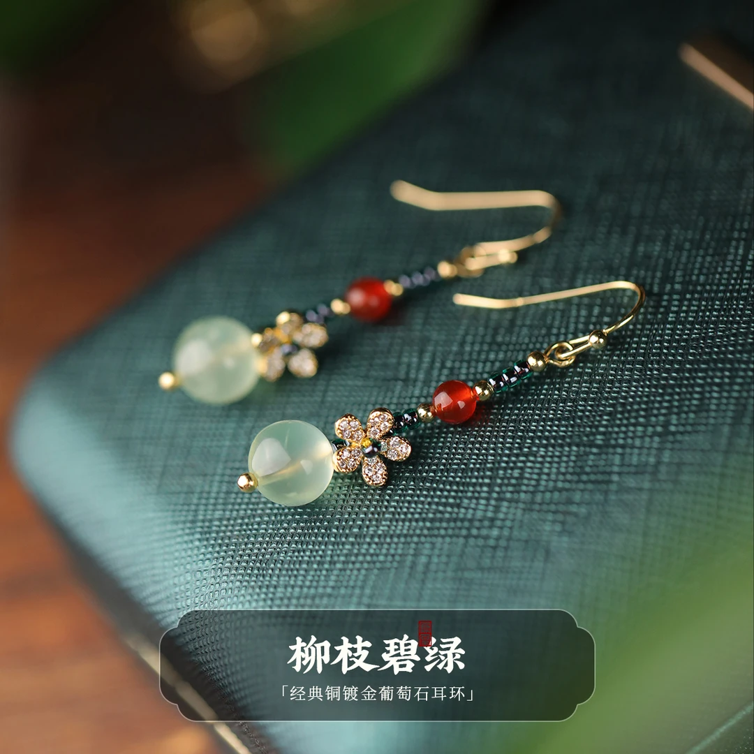凤凰涅磐天然葡萄石耳环女款绿色玉石水滴吊坠耳坠耳饰高级感夏季