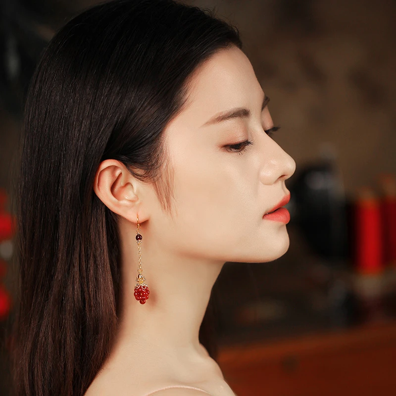 凤凰涅磐时尚红玛瑙玉髓耳环女中国风复古长款耳坠小众高级感耳坠