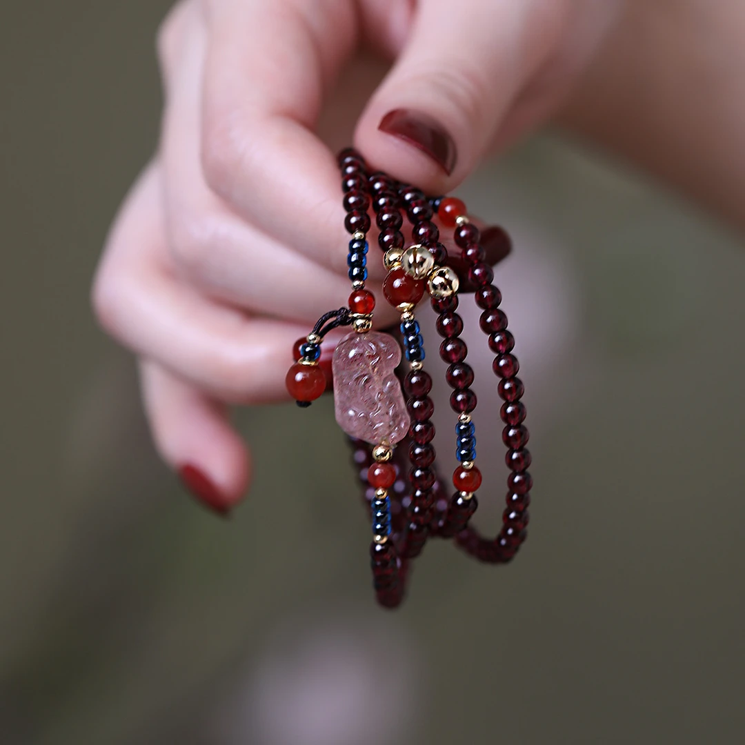 凤凰涅磐天然石榴石多圈手链女款貔貅铃铛多层手串国风新中式珠宝