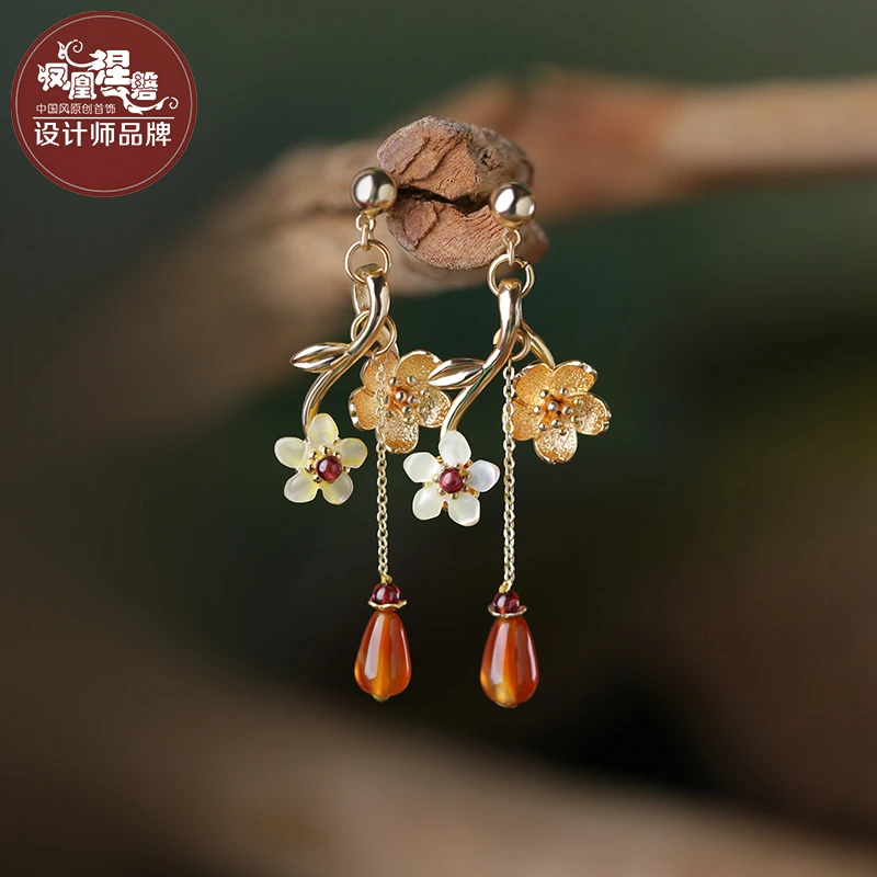 凤凰涅磐玛瑙玉髓水滴吊坠耳钉女款花朵玉石耳饰大气小众中式女款