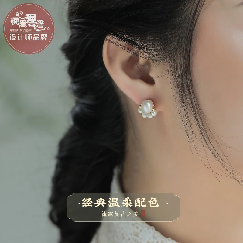 凤凰涅磐天然淡水珍珠耳环女中国风白色猫爪耳饰复古百搭简约耳坠