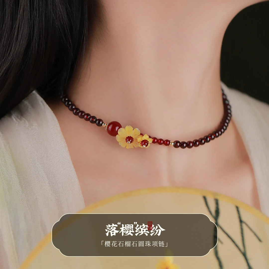 凤凰涅磐天然石榴石项链女款古风黄色花朵锁骨链复古国风气质颈饰