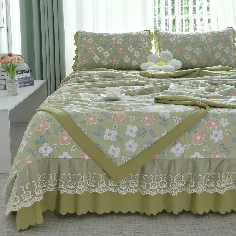 床盖夏被四件套韩式公主风蕾丝花边夹棉床单盖毯加厚可水洗三件套