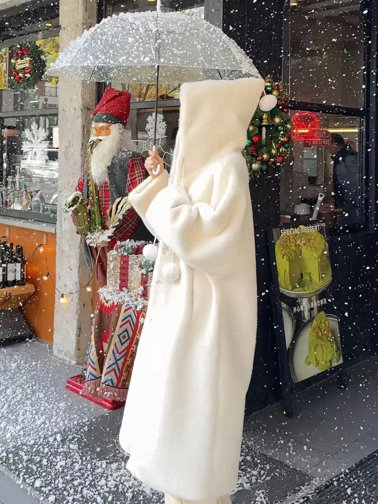 2024新款巫师帽冬季新款连帽大衣慵懒时尚女款百搭长款毛毛外套