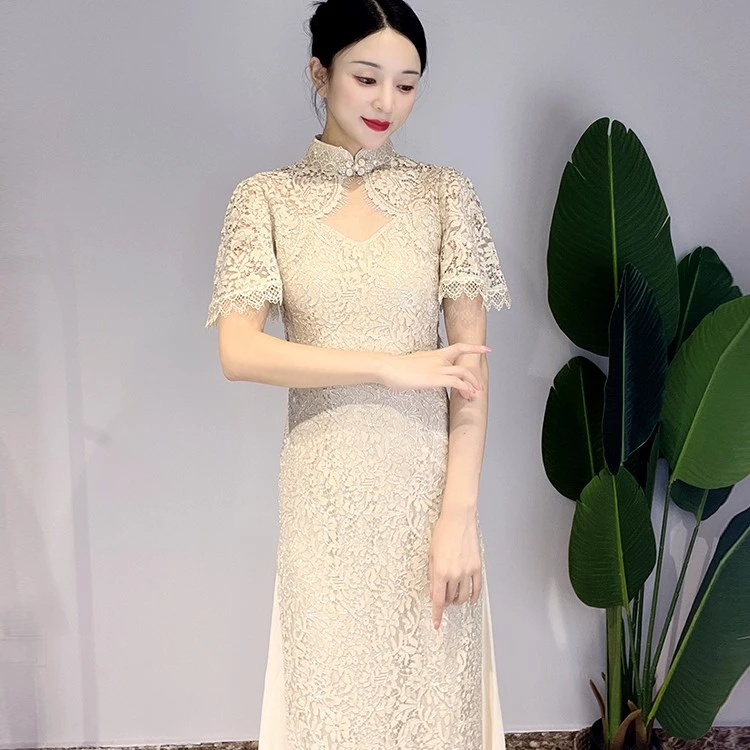 【美娇旗袍】高端原创改良旗袍2023新款夏款白色复合蕾丝连衣裙女