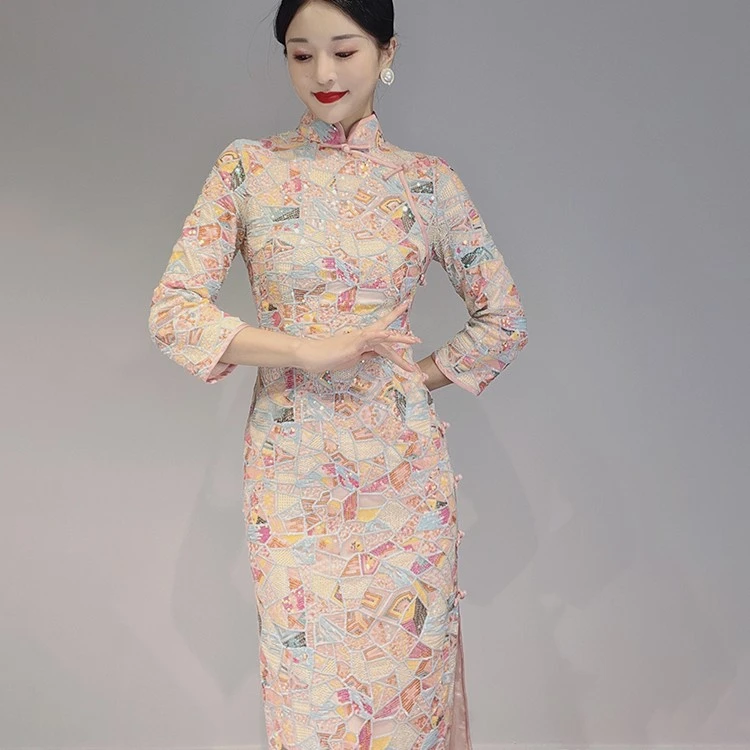 【美娇旗袍】年轻款旗袍2023新款亮片印花复古气质