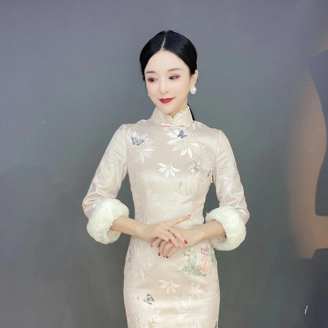 【美娇旗袍】2023新款粉色蕾丝印花年轻款复古改良长袖旗袍裙