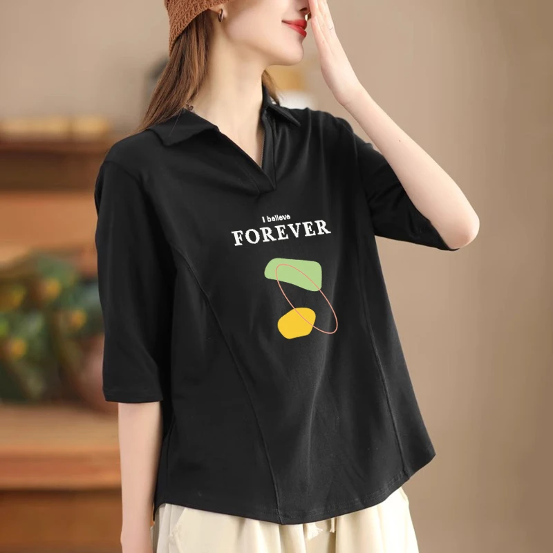 纯棉polo衫女士2024夏季新款翻领印花时尚感短袖t恤薄款百搭上衣